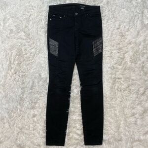 Club Monaco Black Skinny Jeans Size 4 Pants Stretch Cotton Leather Detail